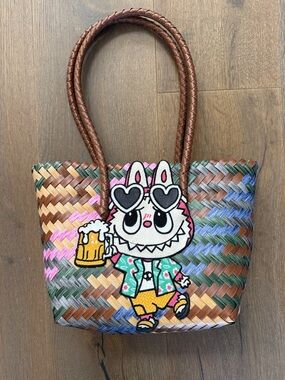 Woven Multicolor Labubv Bunny Patch Tote Bag - Brown Handles Brand New